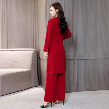 Traje de moda temperamento de manga larga versión coreana de mostrar thin Hong Kong con las piernas de los pantalones de dos piezas vestido de mujer otoño