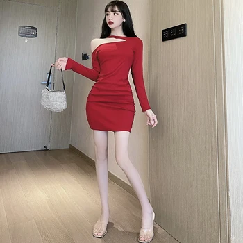 Un Hombro Vestido De Mujer Sexy Bodycon Mini Vestido Del Club De Manga Larga De Otoño Invierno Vestidos De Fiesta Para Las Mujeres 2020 Coreano Ropa Roja