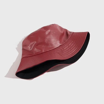 Unisex Nuevo Color Sólido de la PU de Cuero de Doble cara de Desgaste Sombrero de Color Sólido de los Hombres de Sombrero de Cubo de la Calle Pescador Gorras Sombreros para las Mujeres Gorras