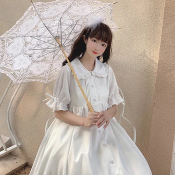 Verano De 2020 New Gothic Lolita Pequeño Fresco Estudiante Volantes Corto De Manga Larga Vestido De Dulce Lindo De La Muñeca Collar De Lolita Vestido Blanco