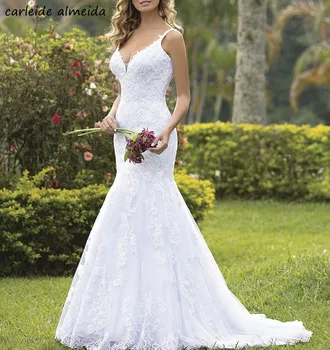 Vestidos de noiva Cuello en V Correas de Espagueti de Sirena Vestido de Novia 2020 Apliques de Encaje Vintage Abito da sposa