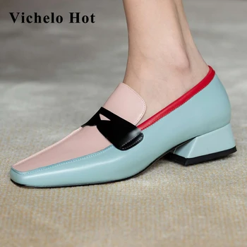 Vichelo Caliente mezclado colores vintage estilo preppy natural de cuero del dedo del pie cuadrado med talón zapatos de la marca de la joven dama casual de las mujeres de las bombas L01
