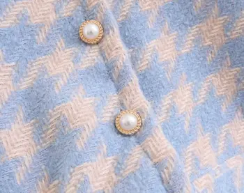 Vintage de 2 Piezas de Conjunto de las Mujeres Trajes de Botón de Perla de la Moña Chaqueta de Cuadros Cintura Alta Una línea de Mini Faldas e Trajes de 2 Piezas de Conjunto de Faldas