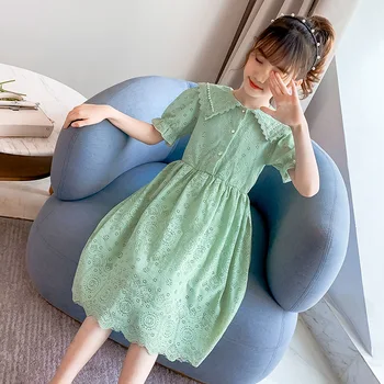 Vintage de manga corta vestido de encaje de edad, por 3 - 12 años niñas de color beige verde rosa princesa traje de 2020 nuevo verano los niños vestimentas de color