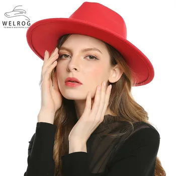 WELROG Negro Rojo Fedora Sombreros Para Mujer de Imitación de Lana Sombreros de Panamá Sombrero de Fieltro de Invierno de los Hombres de Jazz Sombreros Sombrero de Chapeau Femme Tapas
