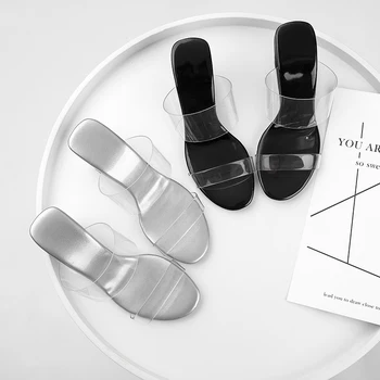 WETKISS de Pvc Transparente Zapatillas Mujer Abierta de Dedo de Calzado Inusual Tacones Altos Toboganes de Zapatos de Mujer de las Mulas, Zapatos de Mujer de Verano de 2020