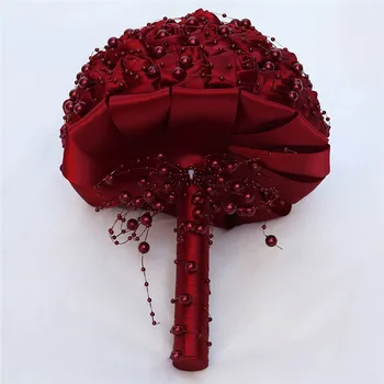 WifeLai-Una Hermosa Perla de Cuentas de la Novia 's Ramo de flores de color Rojo Oscuro Rosa de Seda de Novia Dama de honor de la Celebración de Flores, Ramo de noiva W3018A