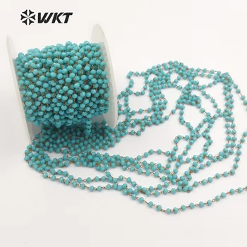 WT-RBC045 WKT nuevas llegadas! La moda de las cuentas de un rosario cadenas azul redondo facetado hechos a mano de perlas de oro de color de la parte superior del alambre de la calidad