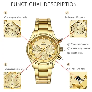WWOOR Reloj de los Hombres de Negocios de Cuarzo Fecha del Reloj de Moda Multifunción Completo de Oro de Acero Inoxidable Reloj de Pulsera Masculino Deporte reloj hombre