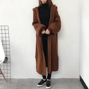 X-Largo Suéter Con Capucha Chaqueta De Punto Para Mujeres Estilo Coreano Oversize Cálido Abrigo De Punto Con Bolsillo Femenina Ropa De Invierno