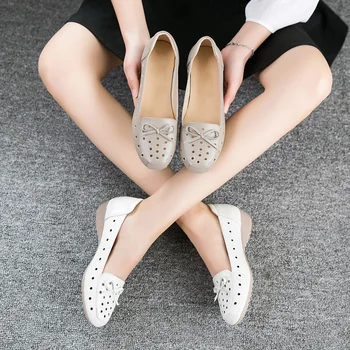 YAERNI Transpirable de Cuero Genuino Zapatos de Verano Mujer 2019 Plana Talón Bajo Bowknot Hueco de Cuero de la Resbalón En los Zapatos Para Mujer Suave