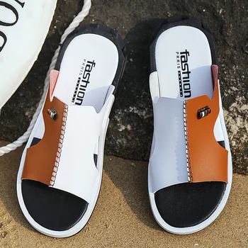 YEINSHAARS Sandalias de los Hombres de Verano Zapatillas de Moda Peep Toe de PU Sandalias Zapatos Masculinos al aire libre antideslizante Plana de la Playa de Diapositivas de Gran Tamaño