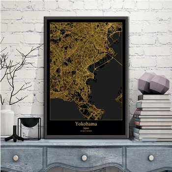 Yokohama, Japón En Negro Y Oro De La Ciudad De La Luz De Mapas Personalizados Mundo, Mapa De La Ciudad De Afiches Impresiones De La Lona De Estilo Nórdico Arte De La Pared Decoración Del Hogar