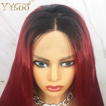 YYsoo Largo y Sedoso Recto Raíces Oscuras Rojo Sintético Hair13x3 Frente de Encaje Peluca Para Mujer 1b/Rojo de la Mitad de la Mano Atada Peluca Parte Media