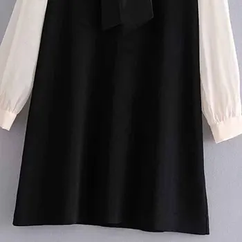 Za 2020 Las Mujeres De Costura Vestido De Punto De Las Mujeres Mini Vestido Negro De Las Mujeres De Otoño Alrededor Del Cuello Del Arco De Manga Larga De Volantes Vestido De Suéter Vestido