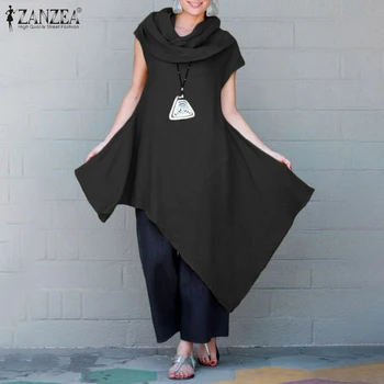 ZANZEA 2021 Moda Irregular Tops de Mujer de Verano Sólido Blusa de la Mujer Casual de Algodón de Cuello alto de Camisetas Retro Túnica Larga Tops Blusas