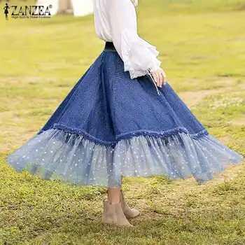 ZANZEA Elegante Azul Denim Falda 2021 Otoño Patchwork Faldas de Encaje Casual Cremallera Cintura Alta los Fondos de las Señoras del Partido Faldas Oversize7