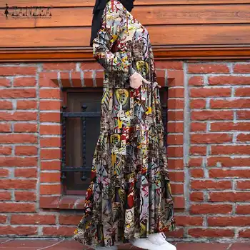 ZANZEA Otoño Vestido Retro Abaya Turquía Musulmana Vestido de las Mujeres de la Vendimia Flroal Impreso Maxi Vestidos Largos Kaftan Túnica Hiyab Vestido