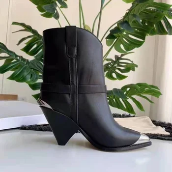 Zapatos de mujer de París Lamsy de Tobillo Botas Negras de Cuero Genuino Occidental de Metal de pie Cónico Tacón Botas de Moda