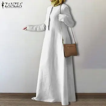 ZENZEA 2021 Retro Musulmán Vestido Maxi de las Mujeres del Otoño Islam Ropa Casual de Manga Larga Vestidos Femenino O Cuello de la Túnica de gran tamaño