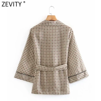 Zevity 2020 las Mujeres de la Vendimia Geométrica de Impresión Arco Atado de Hojas de Kimono Camisetas Retro de Damas Blusa de Roupas Chic Femininas Tops LS7387