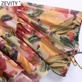Zevity 2021 Mujeres de Flores Tropicales de Impresión protector solar Blusón de Gasa Blusa de Mujer de Cuello V de la Llamarada de Camisetas de Manga Elegante Blusas Tops LS7710