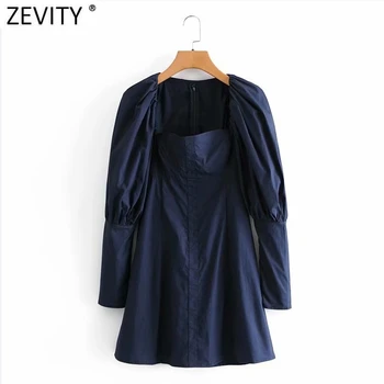 Zevity de las Nuevas Mujeres de la Vendimia de la Plaza Collar de Pliegue de la Linterna de la Manga Casual Mini Vestido de Dama Elegante Estilo de Corte de Diseño de la Cremallera Vestido DS4775