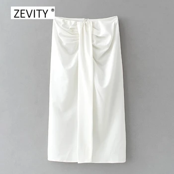 Zevity las Mujeres de la moda negro de color blanco anudado split casual slim Una línea de falda faldas mujer de las señoras elegante cremallera posterior faldas QUN687
