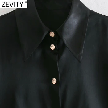 Zevity Mujer Elegante Collar Negro de Satén Suave Bata Blusa de las Señoras de la Oficina de Pecho Solo Camisetas Chic Blusas Tops LS7465
