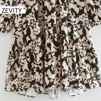 Zevity Otoño de las Mujeres de la Vendimia de Cuello en V de Impresión Irregular Dobladillo Pliegues de la Camisa de Vestir de Damas Elegante de Manga Larga Casual de Negocios Vestido DS4570