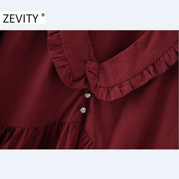 Zevity Primavera Otoño de las Mujeres de la Moda de Agaric Encaje Sólido Botón de Perla Shirtdress Señoras de Oficina Chic Dobladillo Plisado Volantes Vestido DS4536