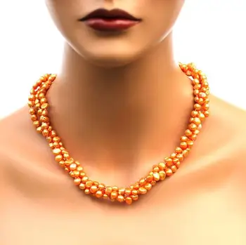 Único Perlas de la joyería de la Tienda de Color Naranja 3 filas Barroco Auténtica Perla de agua Dulce Collar de Plata Libre de los Pendientes