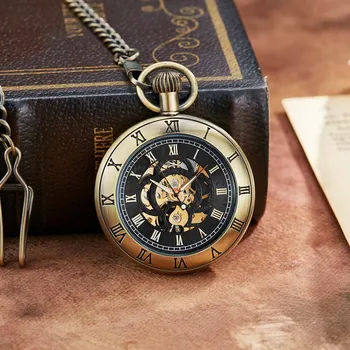 Único Retro Bronce Mecánico Reloj De Bolsillo Números Romanos Dial De Esqueleto De Diseño De Lujo Para Hombre Mechancial Relojes De Bolsillo Con Cadena